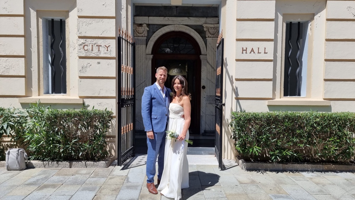 Outside Gibraltar City Hall on our wedding day