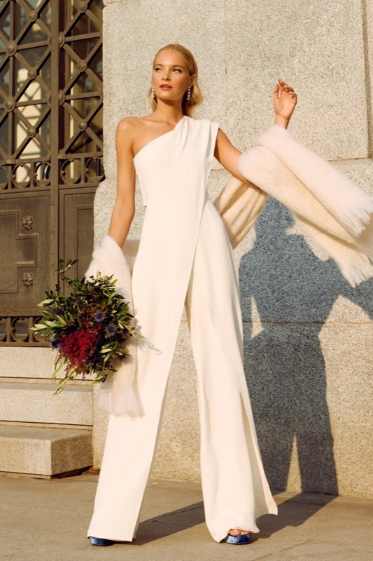 Ivory one-shoulder wide-leg jumpsuit with draped overlay