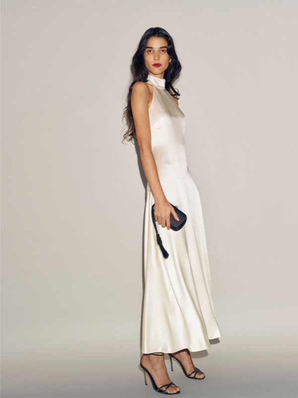 Midi-length ivory silk slip dress