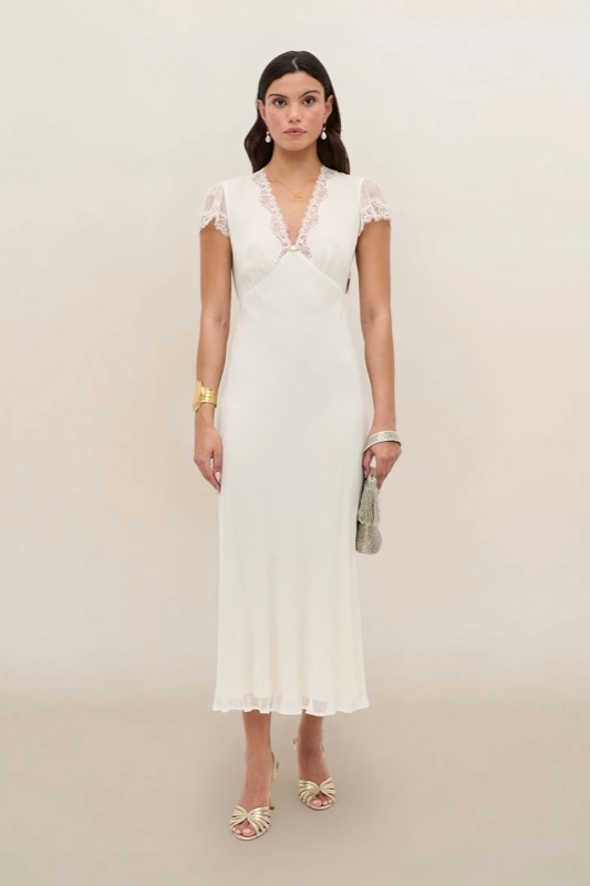 Ivory bias-cut midi dress with lace neckline