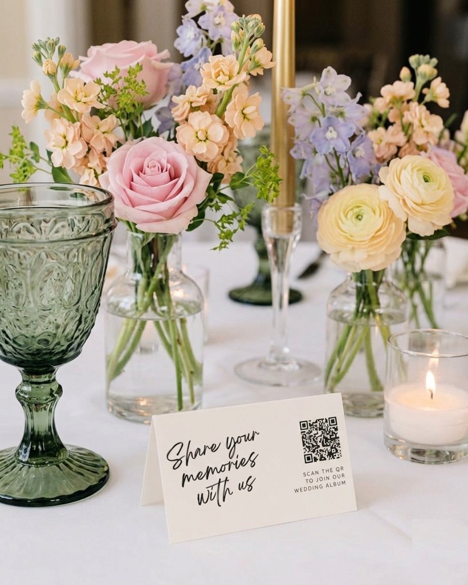 A 'Share your memories with us' table card with a QR code, beside pastel florals and a vintage green goblet on a wedding reception table