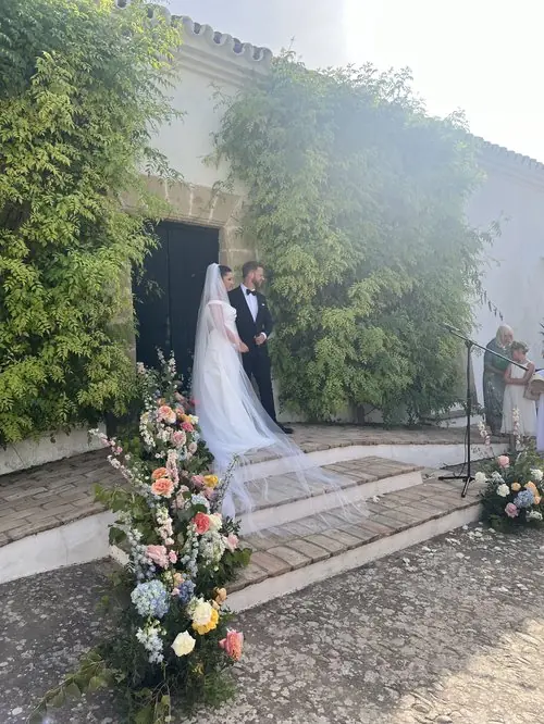 Wedding ceremony on decorated steps