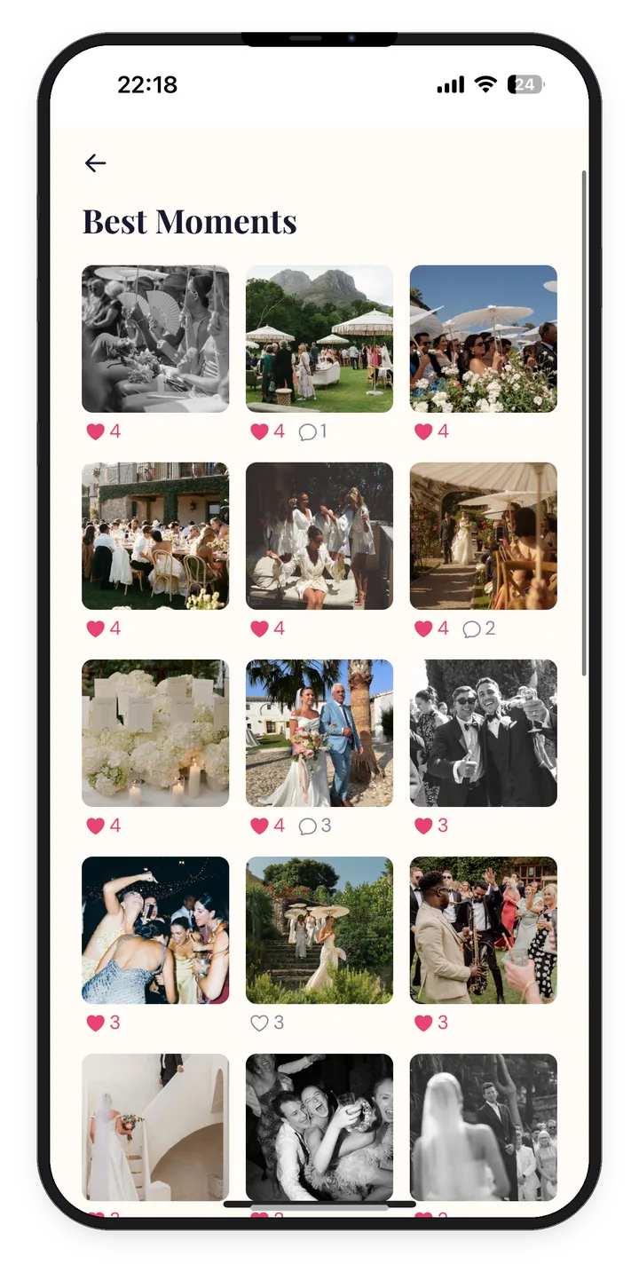 The Posy app gallery showing the best wedding photos collected from guests