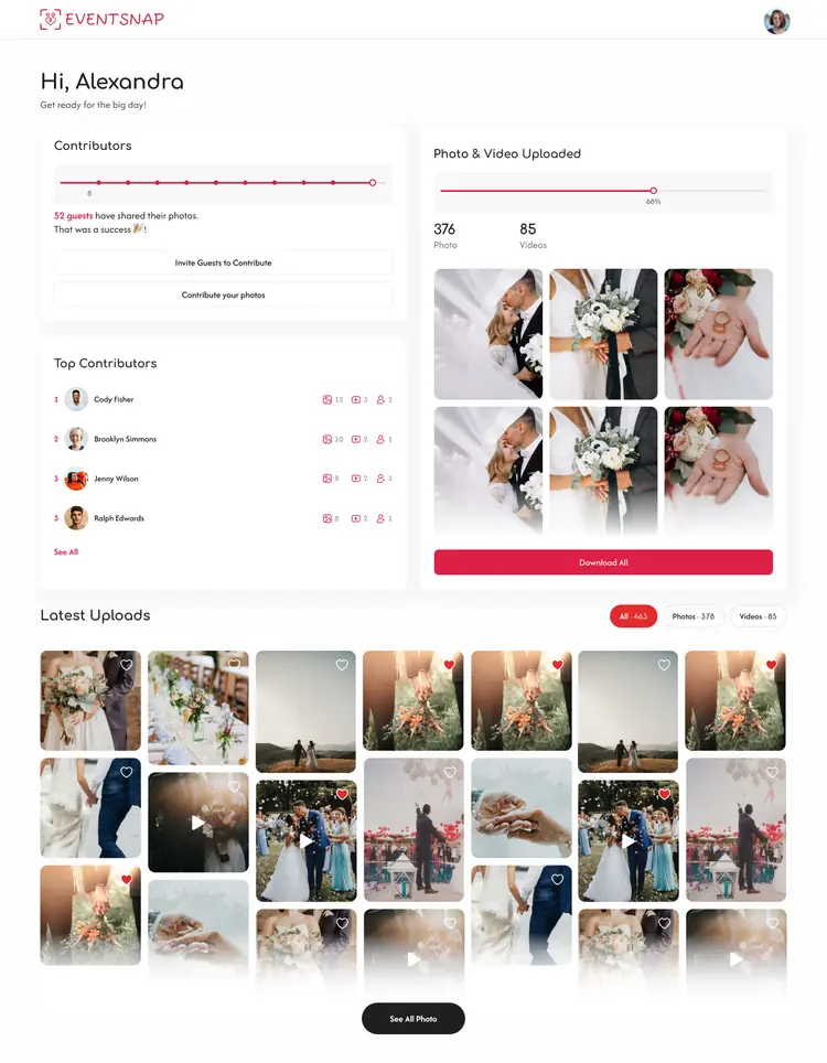 Posy dashboard with photo uploads and top contributors