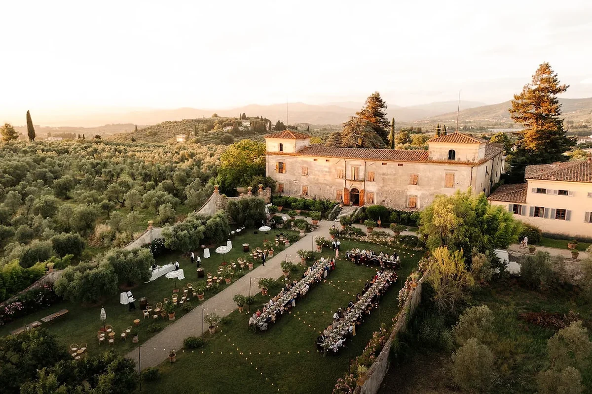 Aerial view of a wedding dinner at Villa Medicea di Lilliano in the Florence hills