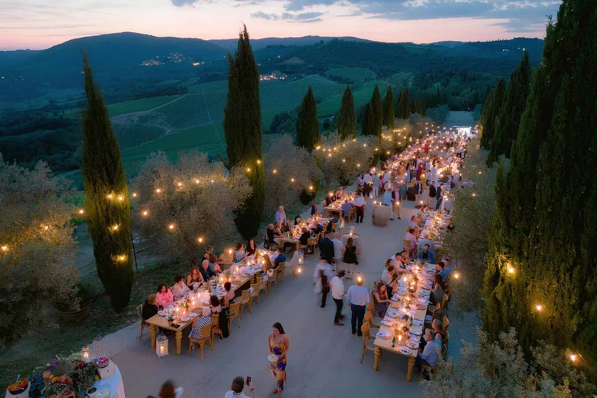 Candlelit wedding dinner at Castello di Velona, Montalcino